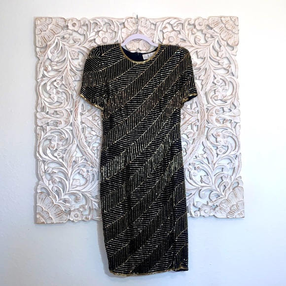 AJ Bari Vintage Hand Beaded Silk CockTail Dress - Picture 2 of 16